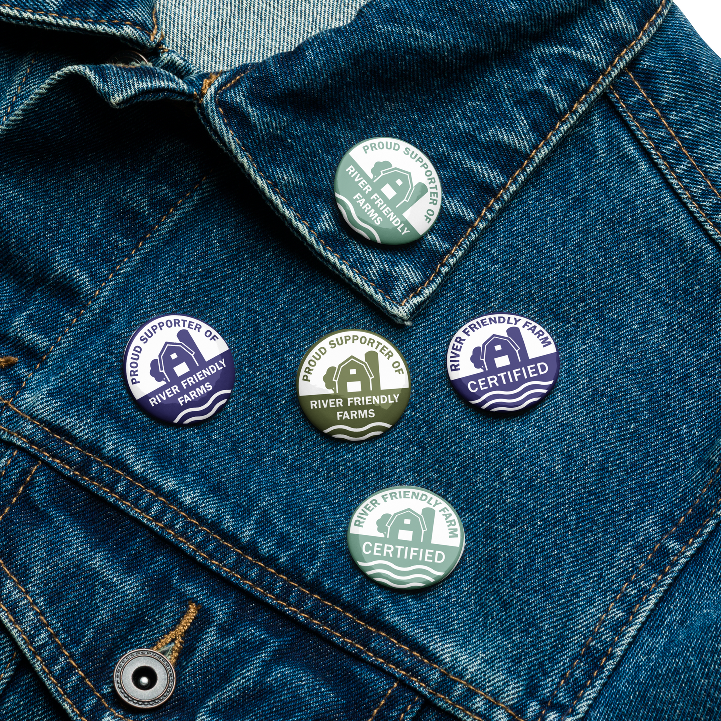 River Friendly Farms Set of pin buttons