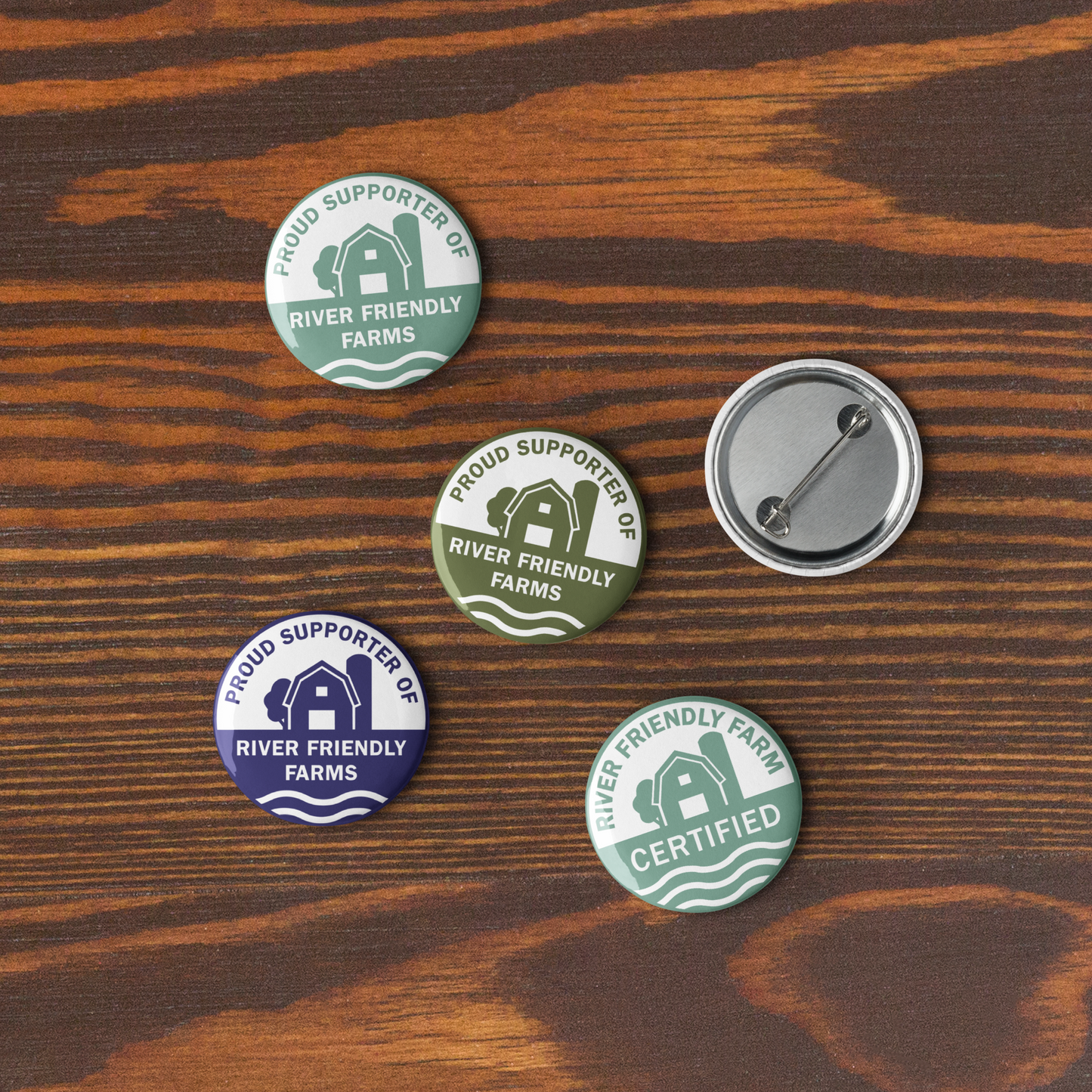 River Friendly Farms Set of pin buttons